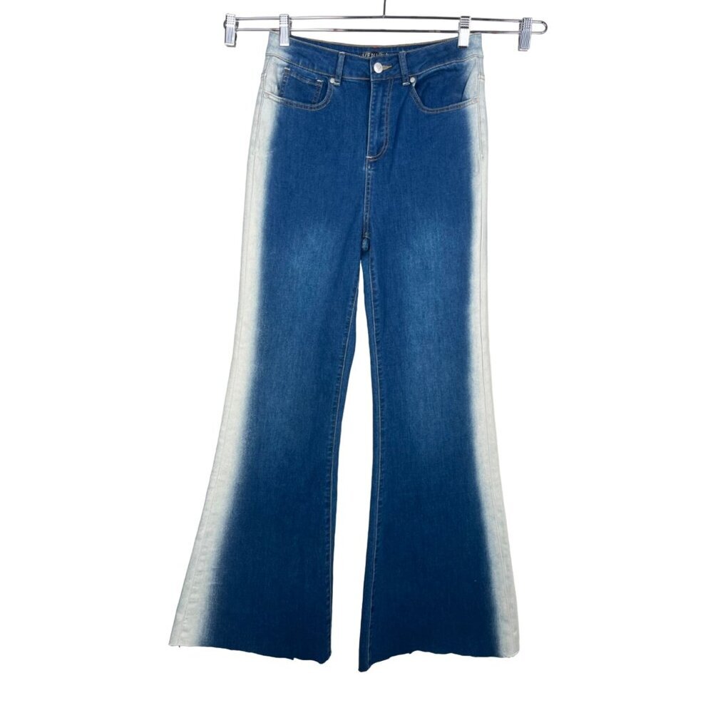 Venus Side Stripe Flare Leg Jeans High-Rise Frayed Hem Blue Denim Multi Size 8‎